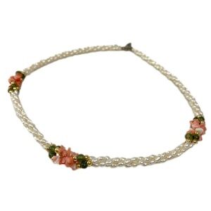 VINTAGE Rice Pearl Necklace Green Stones Coral Shell